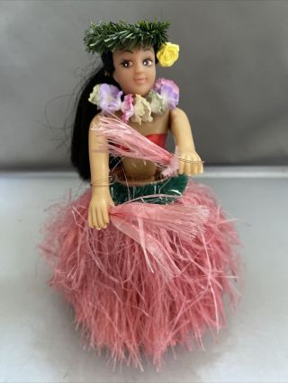 Vintage Hawaii Bobble Hula Girl Dashboard Doll Pink Grass Skirt