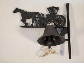 Vintage Heavy Wall Mount Cast Iron Dinner Bell With Horse And Buggy / Carriage