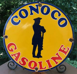 Vintage Conoco Minuteman Gasoline Porcelain Sign Motor Oil Gas Pump Plate