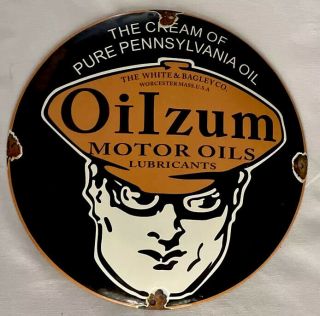 Vintage Domed Oilzum Button 12” Porcelain Sign Car Gas Oil Truck