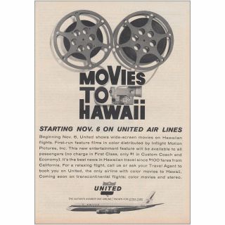 1964 United Airlines: Movies To Hawaii Vintage Print Ad