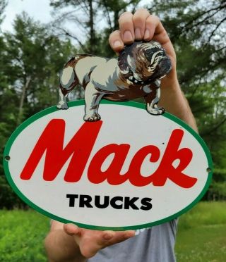 Vintage Mack Trucks Diecut Heavy Porcelain Metal Dealer Dealership Sign Bulldog