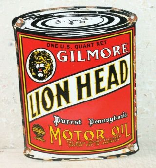 Gilmore Lion Head Oil Can Porcelain Enamel Sign Gas Pump Man Cave Station