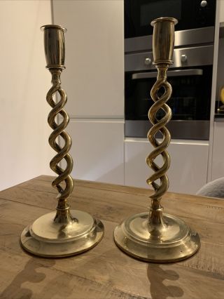 Large Vintage Victorian Solid Brass Barley Twist Candlesticks - 30cm Tall