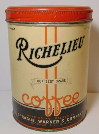 Old Vintage 1920s Richelieu Coffee Tin Graphic Tall 1 Pound Can Chicago Illinois