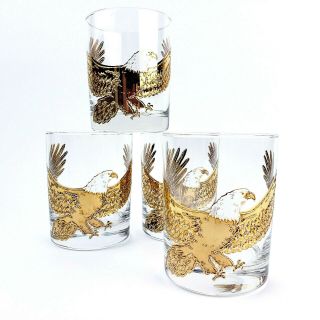 Vintage Gold Bald Eagle Cocktail Glasses Embossed Set Of 4 Double Old Fashioned