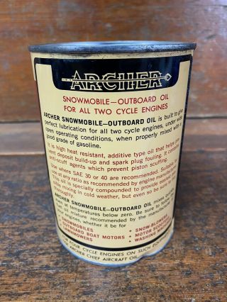 Vintage ARCHER Snowmobile & Outboard 2 Cycle Oil One Quart Metal Oil Can FULL 3