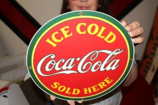 Ice Cold Coca Cola Here Soda Pop Gas Oil Porcelain Metal Sign