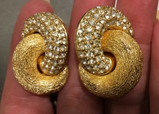 Vintage Christian Dior Gold Earrings Pave Crystal Rhinestones Clip On Showy A1