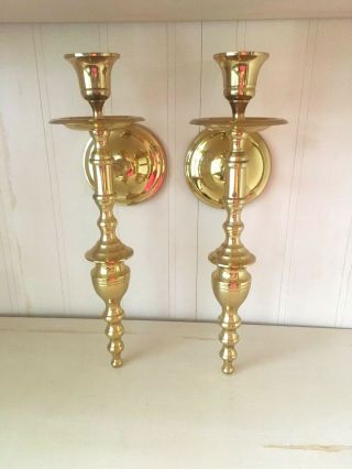 Vintage Pair Solid Brass Gold Tone Wall Sconce Candle Holders Finial Design 11 "