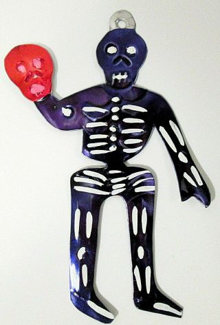Hand - Painted Mexican Folk Art Day Of The Dead Purple Skeleton Tin Ornament