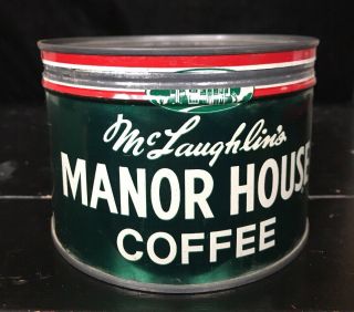 Vintage 1 lb McLaughlin ' s Manor House Coffee Tin Can with lid keywind 2
