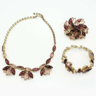 Vintage Purple Pink Maquise Glass Cabochon Necklace Bracelet Brooch Set Goldtone