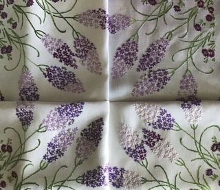 Gorgeous Vintage Linen Large Hand Embroidered Tablecloth Lovely Hyacinths/floral