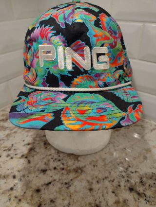 Vintage 90s Ping Hat Adjustable Strap Back Cap Multicolor Fish Bright Golf Usa 1