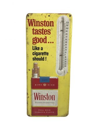 Vintage 1960 ' s WINSTON Cigarettes Embossed Metal Store Advertising Thermometer 2