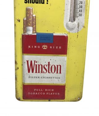 Vintage 1960 ' s WINSTON Cigarettes Embossed Metal Store Advertising Thermometer 3