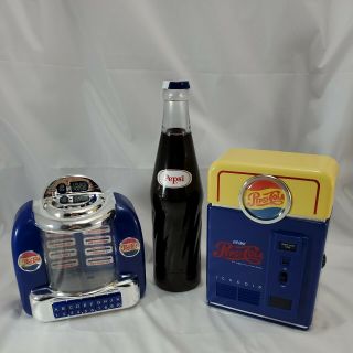 3 Pepsi Cola Collectibles - Jukebox Bank,  Flashlight & Vending Mach Radio W/box