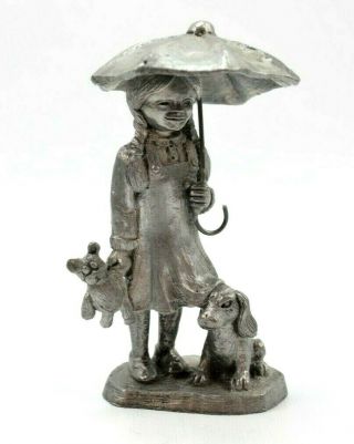 Michael Ricker Pewter Figurine Girl With Umbrella Dog And Teddy Bear Signed