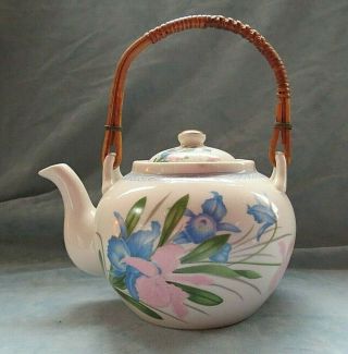 Vintage Floral Iris Pink And Blue Japanese Tea Pot With Rattan Handle