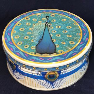 Colorful Peacock Tin Round Container With Lid Valley Brook Farms Cookie Can