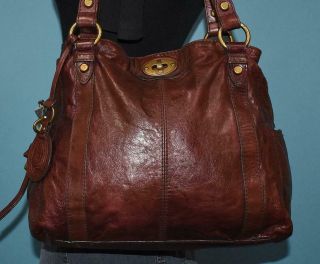 Fossil Long Live Vintage Mahogany Brown Leather Shopper Shoulder Hobo Bag Purse