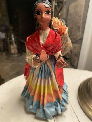 Vintage Hand - Crafted Paper Mache Mexican Folk Art Woman With Flower Basket