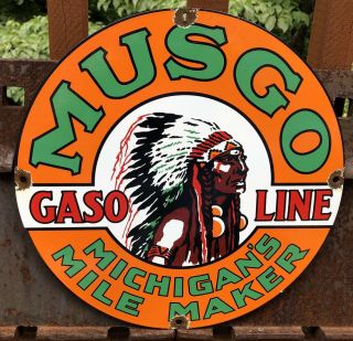 Vintage Musgo Gasoline Porcelain Gas Station Motor Oil Michigan Mile Sign