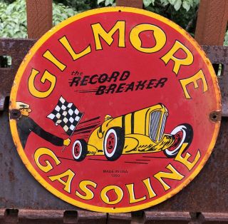Vintage Gilmore Record Breaker Gasoline Gas Oil 12” Porcelain Sign
