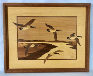 Vintage Hudson River Wood Inlay Marquetry 15.  5 " X 12.  5 " 5 Geese Signed Nelson