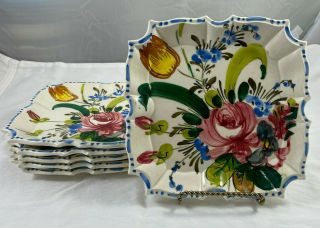 Set Of 6 Vintage Italian Hand Painted Square Floral Scalloped 7.  5 " Bread Plates