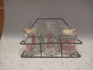 Lovely Vintage Miniature Metal Crate With 6 Glass Creamer Bottles Circa 1950/60s
