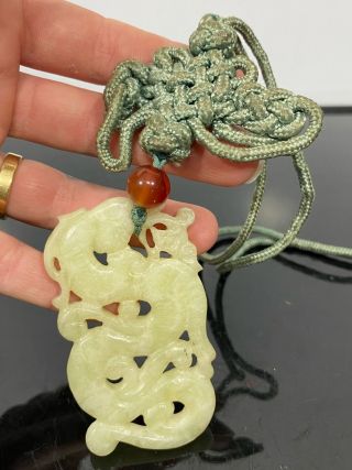 Vintage Chinese Carved Jade Stone Dragon Pendant Medallion Bi Disc