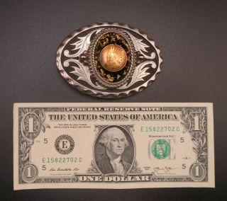 Vintage Belt Buckle W/ 1907 Indian Head Penny Cent In Lucite Centerpiece