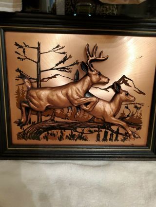 Copper (john Louw?) 3d Framed Picture - Buck Doe Deer Running