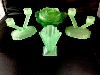 Vintage 1930s Art Deco Uranium Frosted Green Glass Dressing Table Set