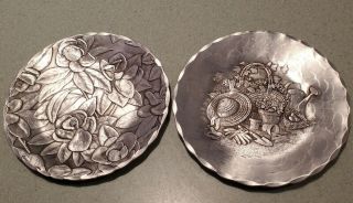 Vintage 6 " Hand Hammered The Forge Pewter Plates - Set Of 2 Spring Themes