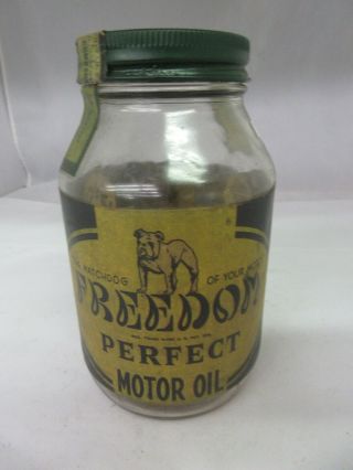 Vintage Advertising Freedom Perfect Motor Oil Glass Jar Garage Shop Tin M - 571