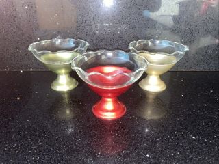 Vintage 3 Anodized Colored Aluminum & Glass Dessert Cups - Red,  Gold,  Green