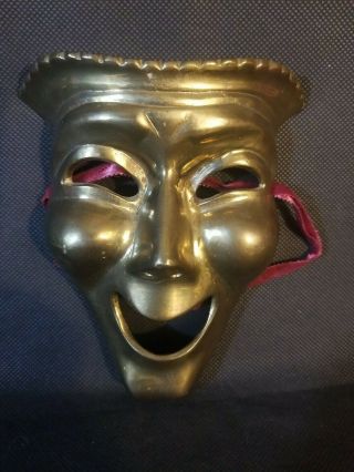 Vintage 4.  5 X 6 Brass Comedy Happy Mask Wall Decor Drama Jester Joker