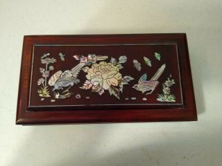 Vintage Red Wood Trinket/jewelry Box With Inlaid Mother Of Pearl Birds & Flowers