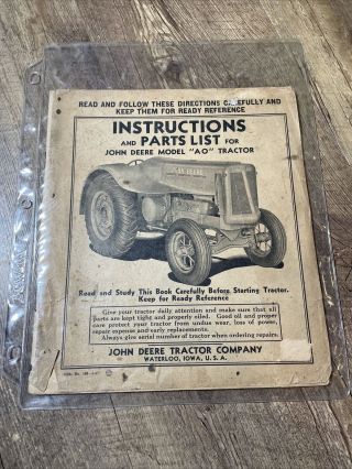 Vintage John Deere Instructions And Parts List For Model Ao “ao” Tractor