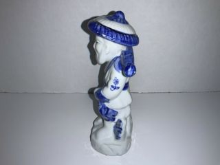 Vintage Chinese Fisherman Blue & White with Gold Trim Figurine Porcelain 6” tall 3