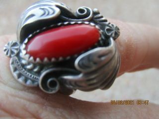 Vintage Old Pawn? Signed Sterling Ring With Coral Stone Al Wms Size 7.  Navajo?