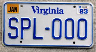 6 - Digit Blue And White Virginia Sample License Plate With A 1983 Sticker