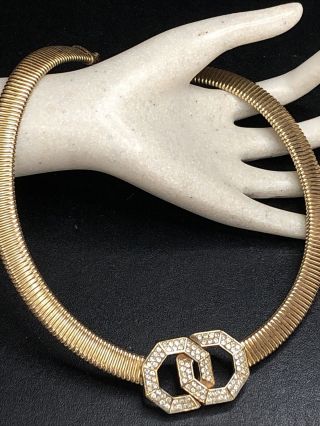 Vintage Dior Designer Grosse Germany Gold Tone Omega Rhinestone Necklace Read