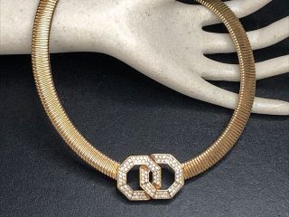 Vintage Dior Designer GROSSE GERMANY Gold Tone Omega Rhinestone Necklace read 2