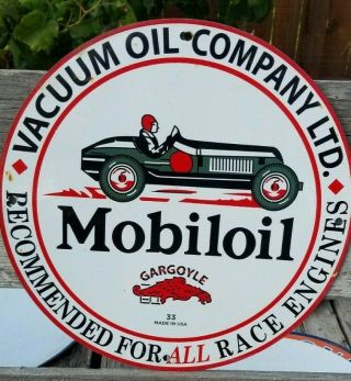 Old 1933 Mobiloil Mobil Porcelain Sign Gas Oil Gargoyle Vacuum Race Car Garage