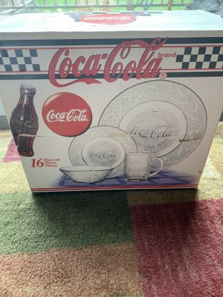 1997 Coca Cola 16 Peice Clear Glass Dinnerware Set