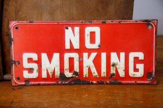 Vintage Metal Sign No Smoking Old Gas Station Red & White 15”x7” Embossed